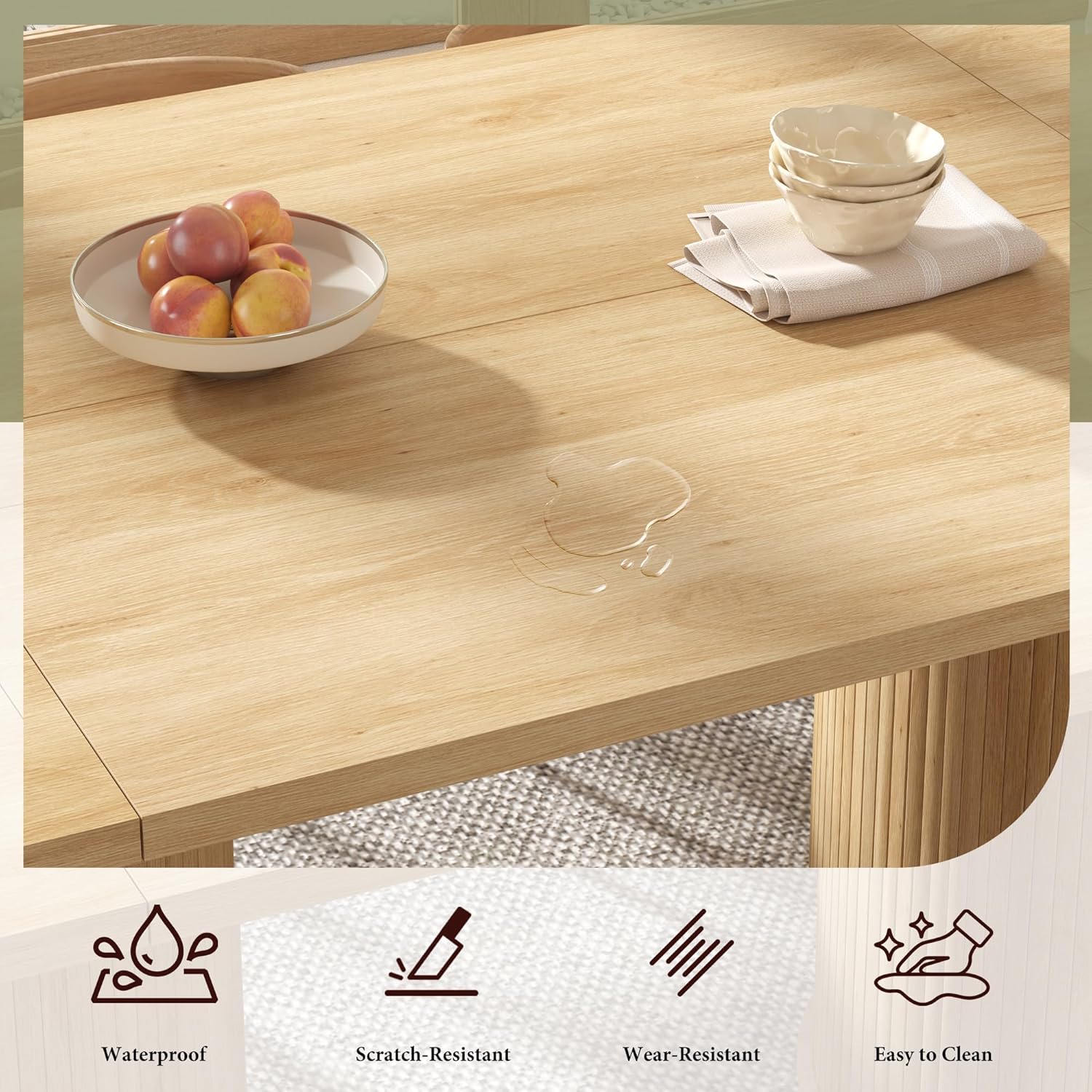AMERLIFE 86.6" Modern Oval Dining Table with Hidden Storage, Extra Long Wooden Dining Room Table with Cylindrical Fluted Base, Seats 6-8, Natural Wood
