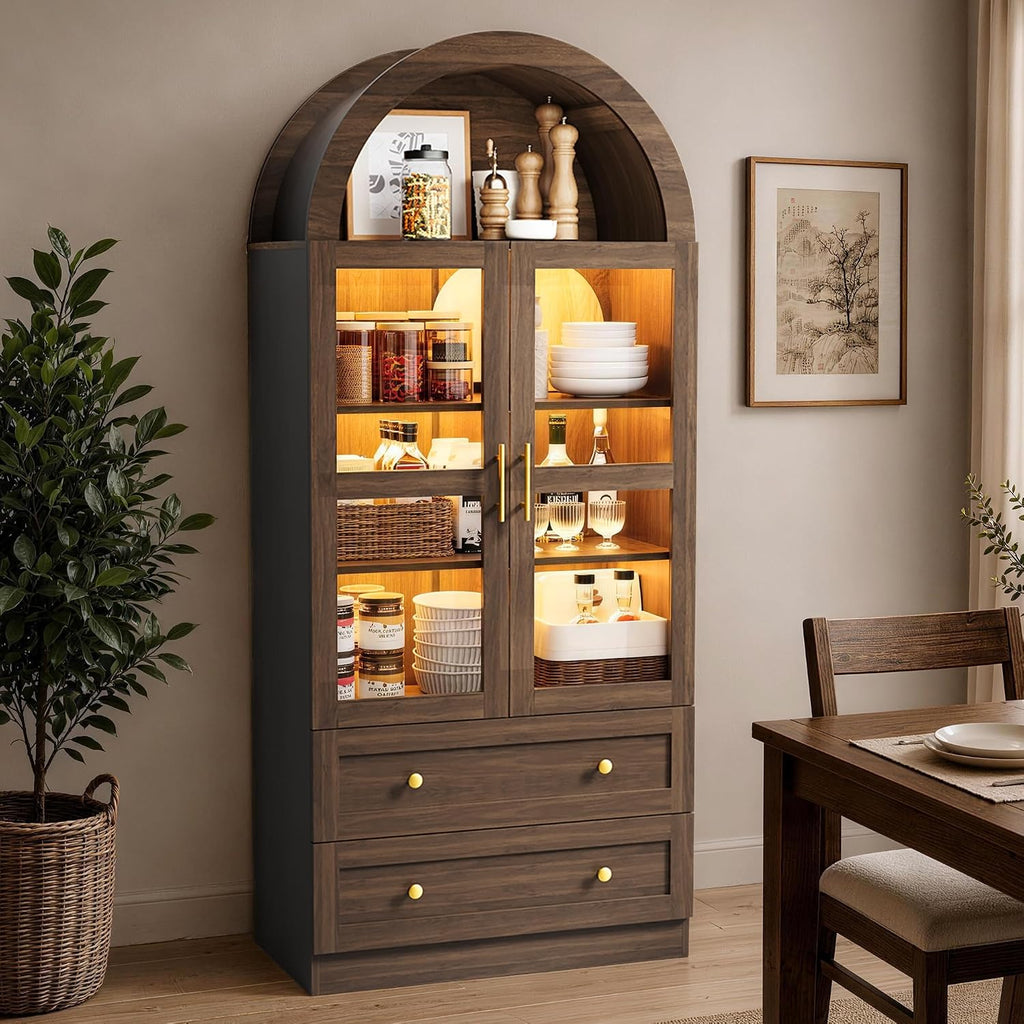 71" Tall Arched Kitchen Pantry Cabinet with LED Light, Modern Farmhouse Kitchen Storage Cabinet with 2 Large Drawers & Glass Doors, Versatile Cupboard for Living Room, Dining Room, Brown