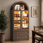 71" Tall Arched Kitchen Pantry Cabinet with LED Light, Modern Farmhouse Kitchen Storage Cabinet with 2 Large Drawers & Glass Doors, Versatile Cupboard for Living Room, Dining Room, Brown