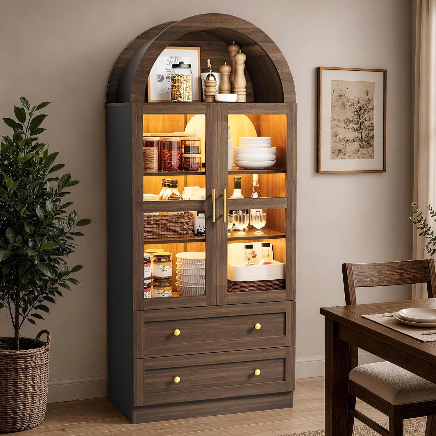 71" Tall Arched Kitchen Pantry Cabinet with LED Light, Modern Farmhouse Kitchen Storage Cabinet with 2 Large Drawers & Glass Doors, Versatile Cupboard for Living Room, Dining Room, Brown