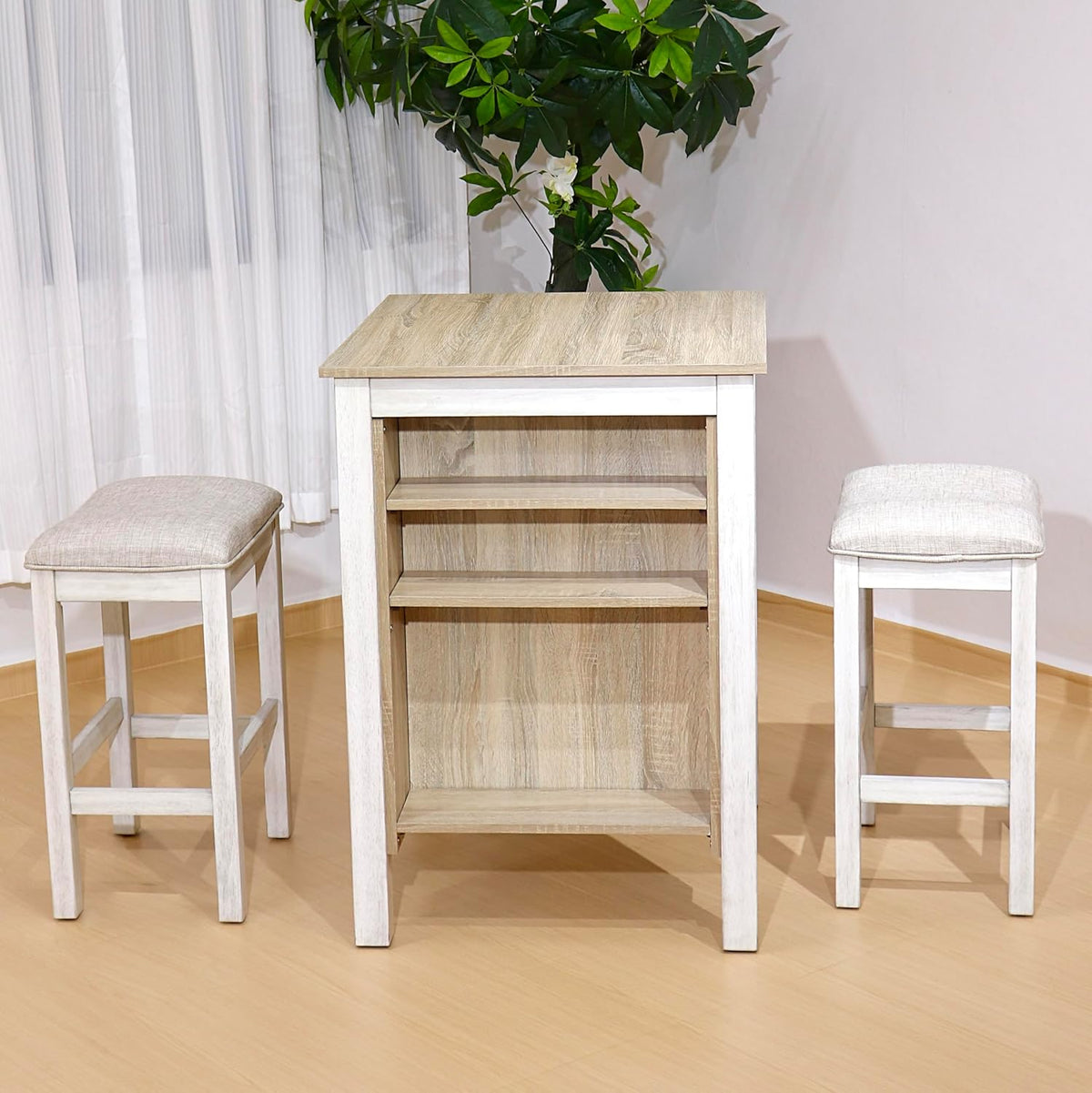 3-Piece Wooden Dining Table Set, Kitchen Island with Seating for 2, Kitchen Bar Table with Stools, Counter Height Dining Table Set, Weathered Birch & Antique White, Farmhouse Style