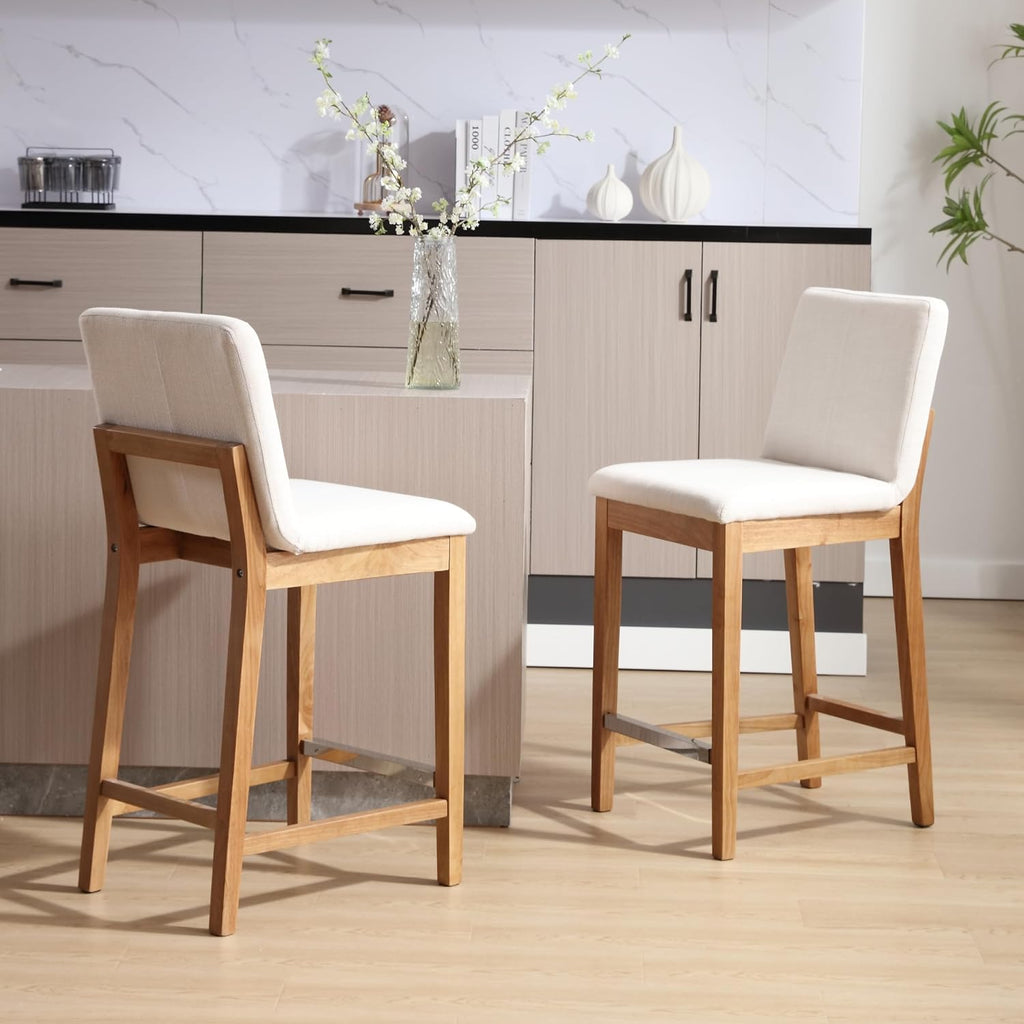 Kmax 30 Inch Bar Stools Set of 2 with Back Support, Linen, Cream | Farmhouse, Wooden Frame, Armless, Upholstered