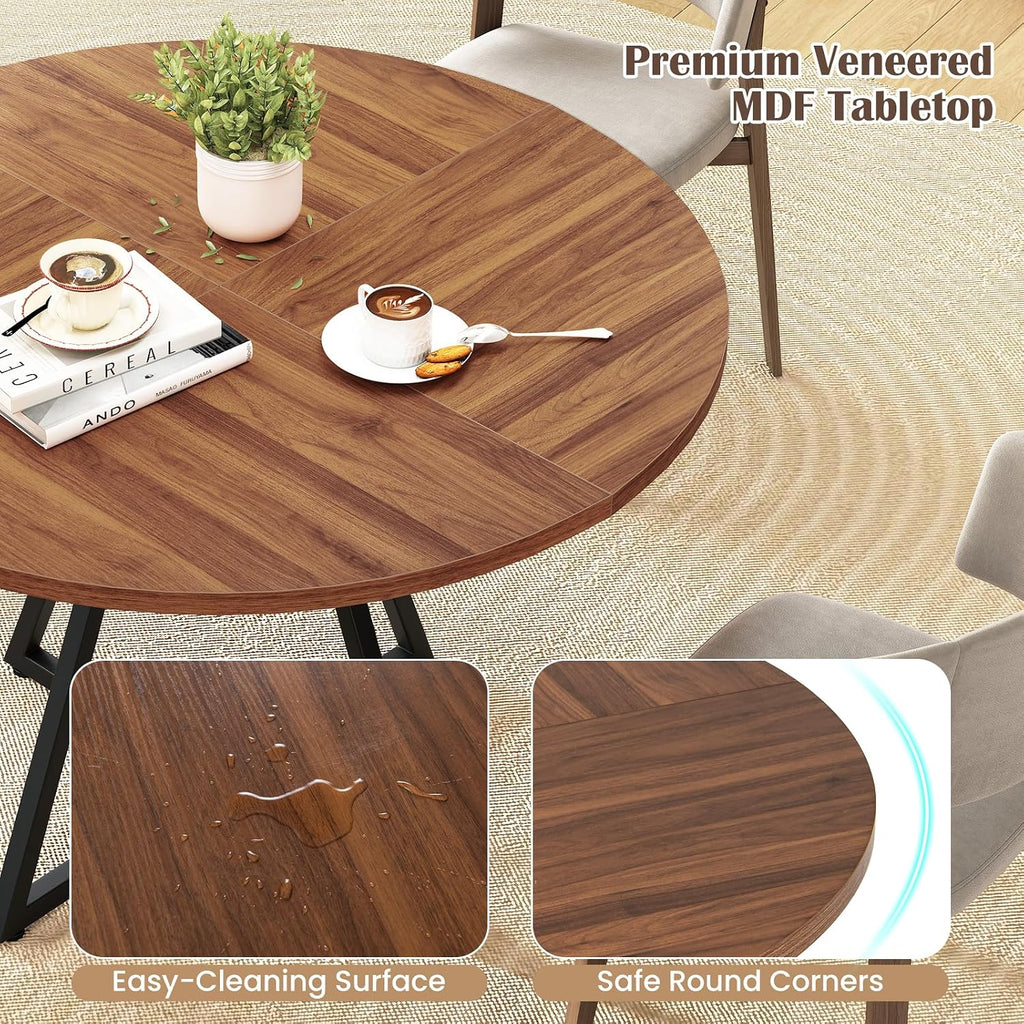 KOTEK 47 Inches Round Dining Table for 4, Farmhouse Kitchen Table with Storage Shelf, X-Shaped Metal Base, Adjustable Foot Pads, Circle Dinner Table for Dining Room, Living Room