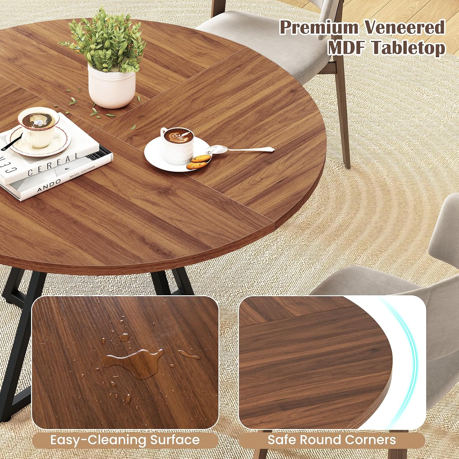 KOTEK 47 Inches Round Dining Table for 4, Farmhouse Kitchen Table with Storage Shelf, X-Shaped Metal Base, Adjustable Foot Pads, Circle Dinner Table for Dining Room, Living Room