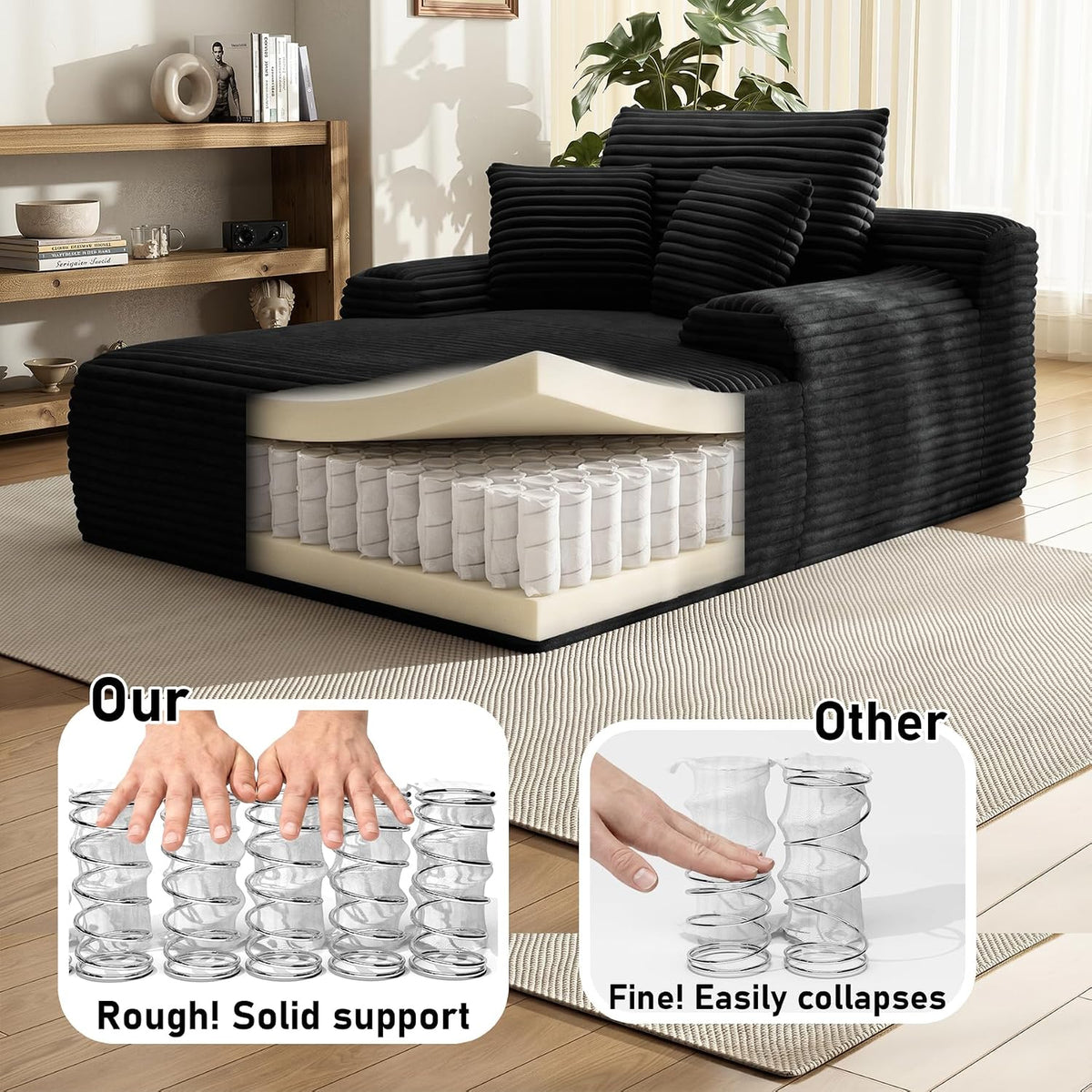 65'' Chaise Lounge Chair Indoor, Black Corduroy Sofa Bed, Lounge Chair, Oversized Sleeper Sofa, Black Corduroy Cloud Couch Reading Chair for Living Room No Assembly