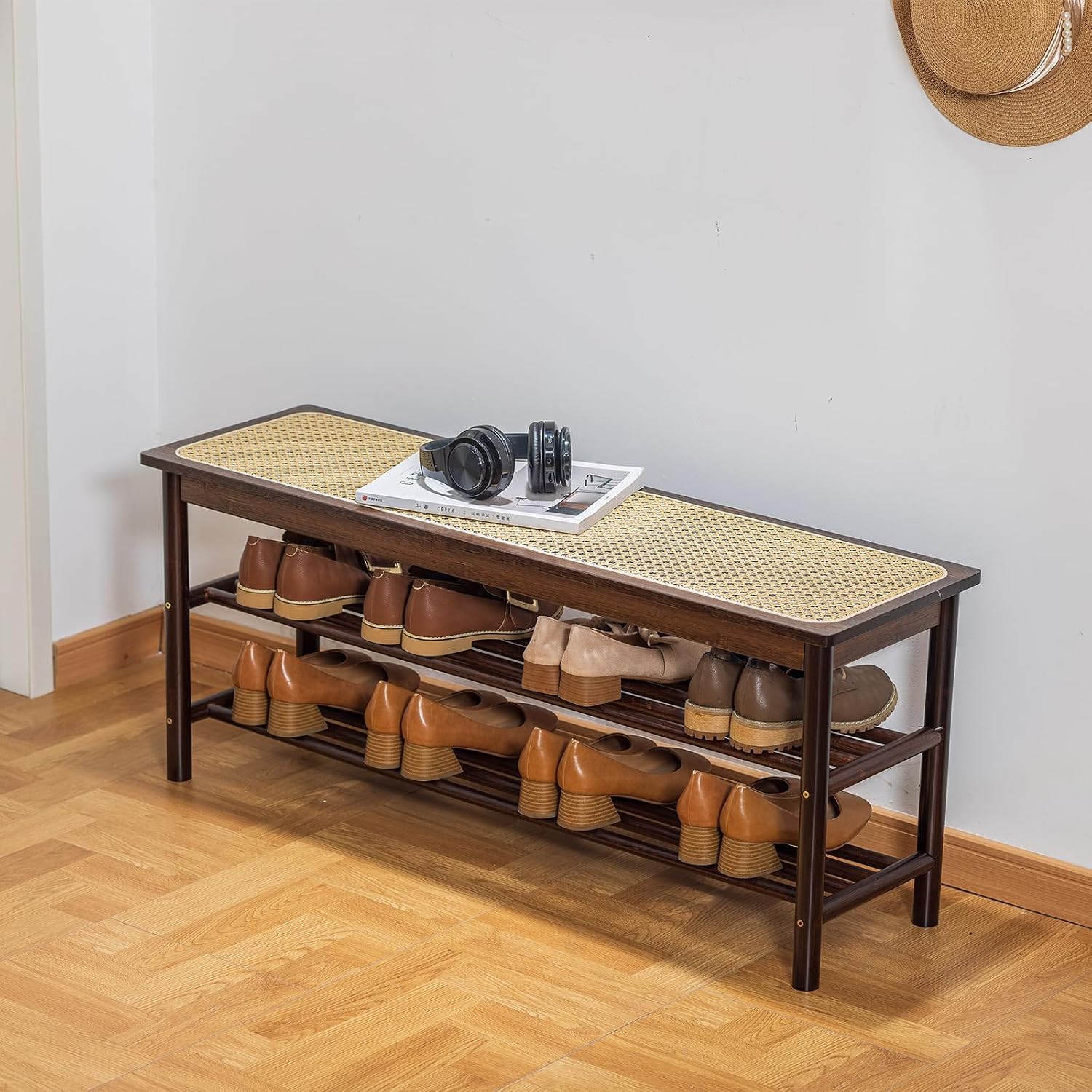 Bamboo Entryway Bench with Woven Rattan Seat, 2-Tier Shoe Storage Bench for Hallway & Entryway 39.4 inches Walnut