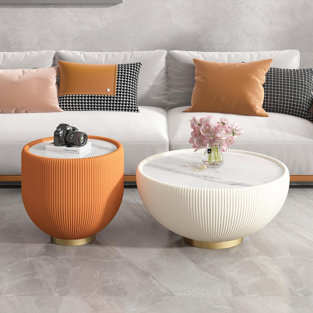 Modern Bowl-Shape End Table with Marbled Top, 19.69" Round Sofa Side Table with PU Leather Metal Base, Otange Center Table Cocktail Table, Small Accent Nightstand for Living Room