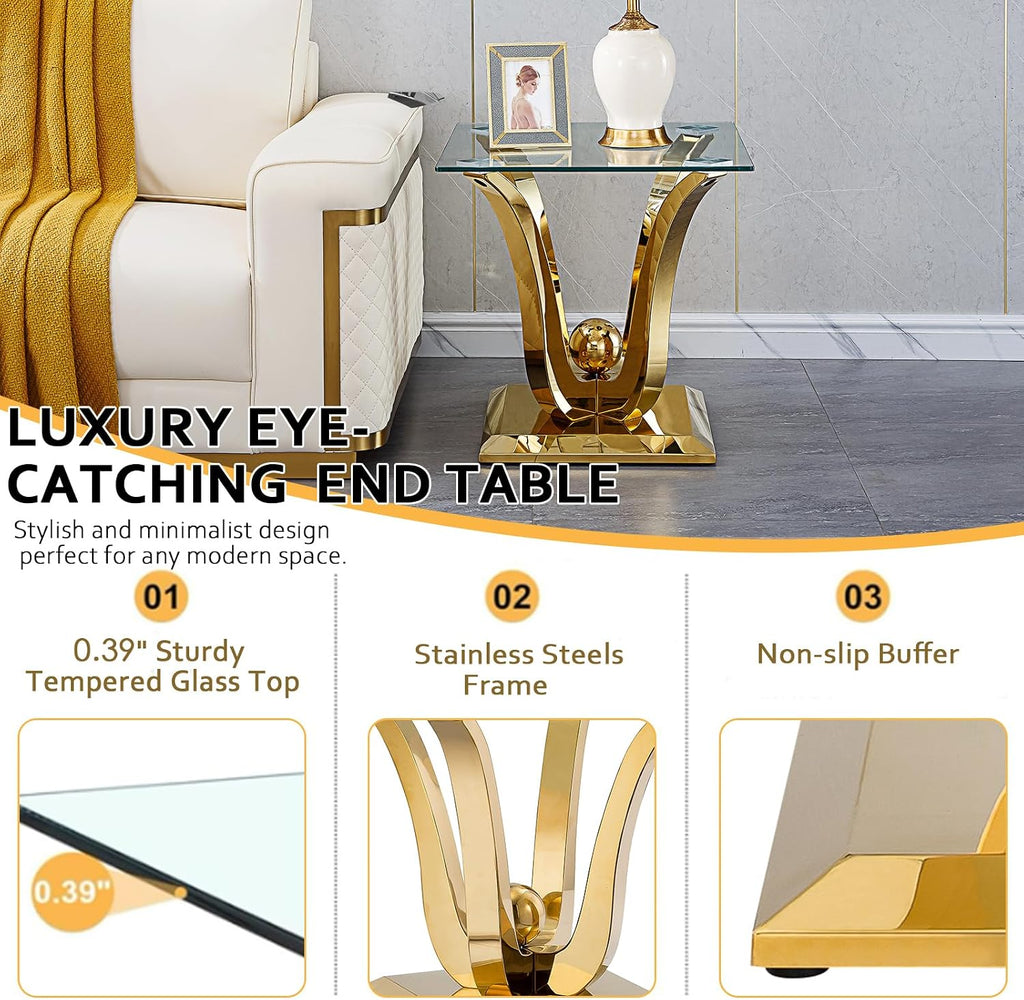 Modern Glass End Table Square Gold Living Room Table Sofa Side Table with 0.4" Tempered Glass Top & Geometric Stainless Steel Base,Luxury Clear Tempered Glass Small Bed Side Corner Table