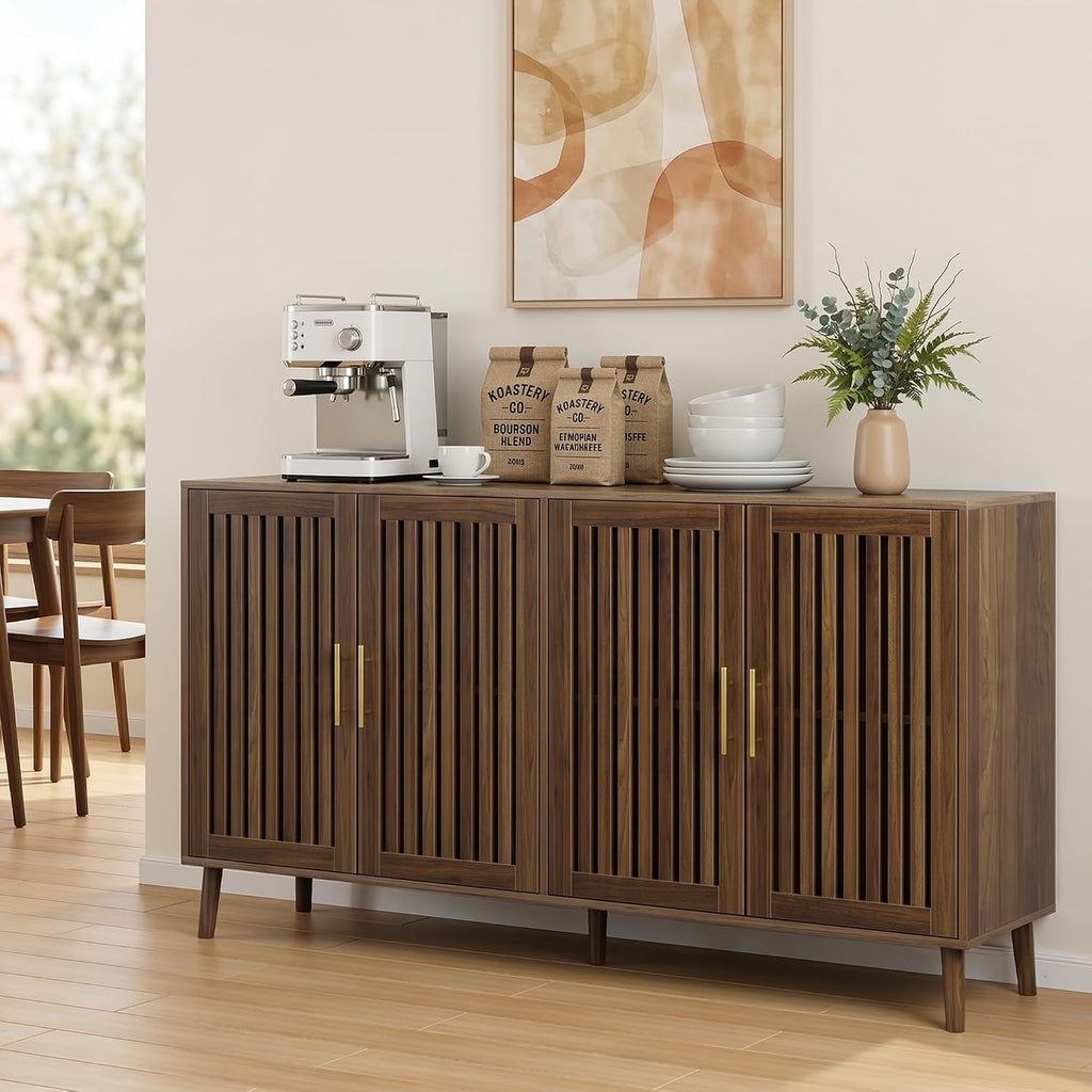 Smart FENDEE 63" Long Sideboard Buffet with 4 Slatted Doors, Farmhouse Buffet Storage Cabinet with Adjustable Shelf, Coffee Bar Cabinet for Entryway, Kitchen, Dining Room, Living Room, Walnut Color