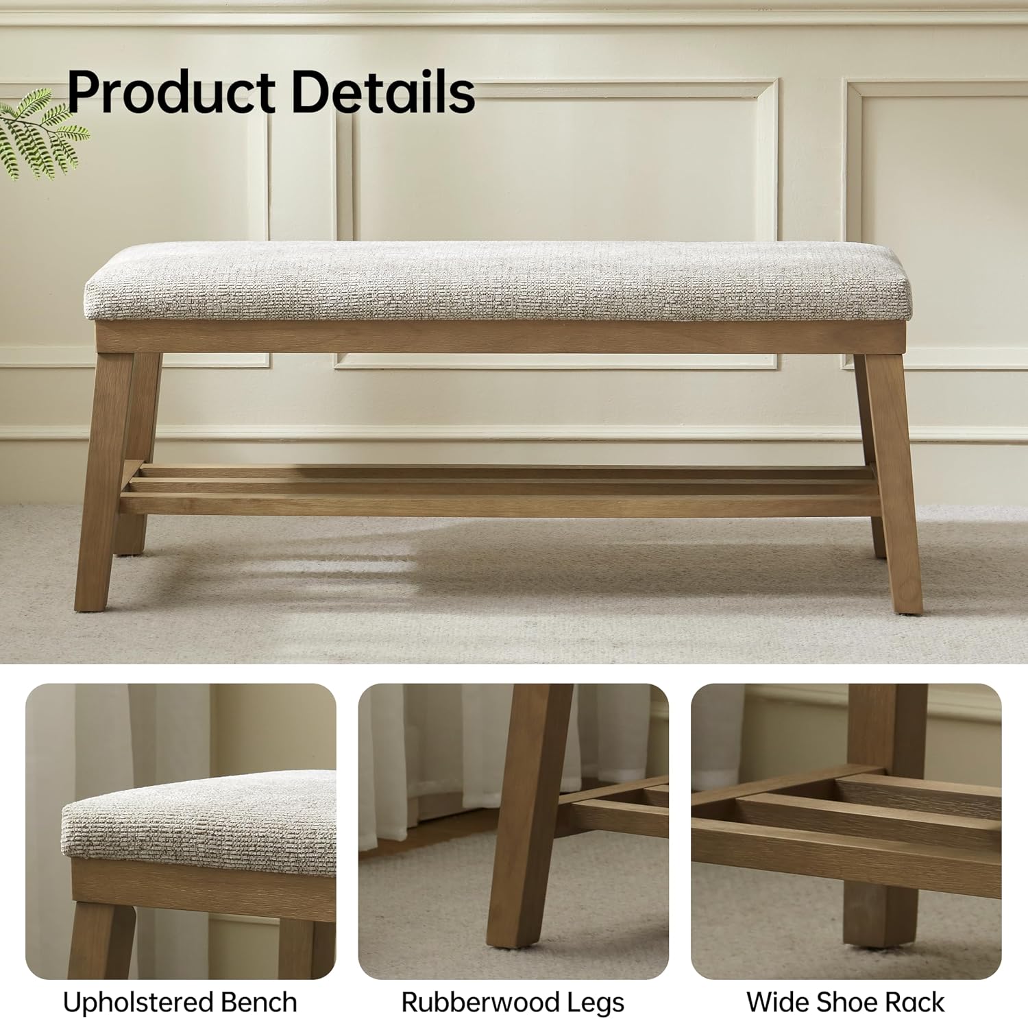 VKNOW Entryway Bench, 44.4" Upholstered Shoe Storage Bench for Entryway & Bedroom, Shoe Bench with Rubberwood Legs, Modern End of Bed Storage Bench for Living Room and Hallway, Brown