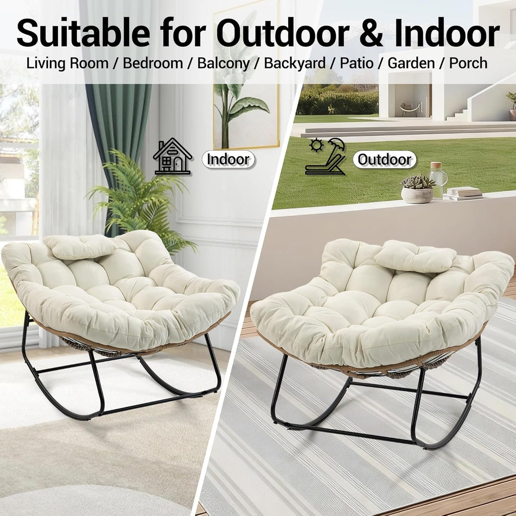 Outdoor Rocking Chair, Oversized Papasan Rocker w/Thick Cushion & Pillow, Indoor Wicker Egg Chairs for Patio Porch Balcony Deck Garden Poolside, Beige