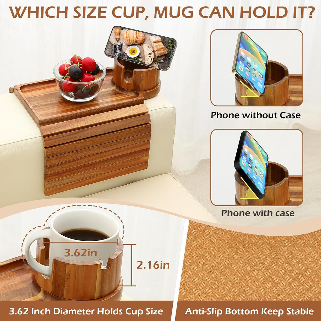 GHKINMAL Couch Cup Holder Tray, Acacia Wood Couch Armrest Table with 360° Ratated Phone Holder, 18.99" Flodable Anti-Slip Sofa Armrest Tray Tables for Snacks Remote Storage
