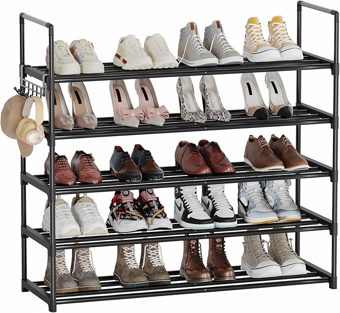 Metal Shoe Rack - 5-Tier Shoe Organizer with Adjustable Shelf Height, Sturdy Shoe Storage Shelf, Perfect for Front Door Entrance, Closet & Entryway, Easy to Assemble, DIY Layering Options (L - 5 Tier)