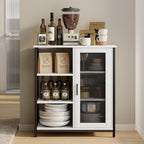 LVSOMT Coffee Bar Cabinet with Adjustable Shelves and Door, Rustic White | 27.5'' Small Coffee Station with Table, Mini Sideboard Buffet, Iron Wood Frame, 3-Tier, for Tea, Dishes, Snacks, Home Kitchen