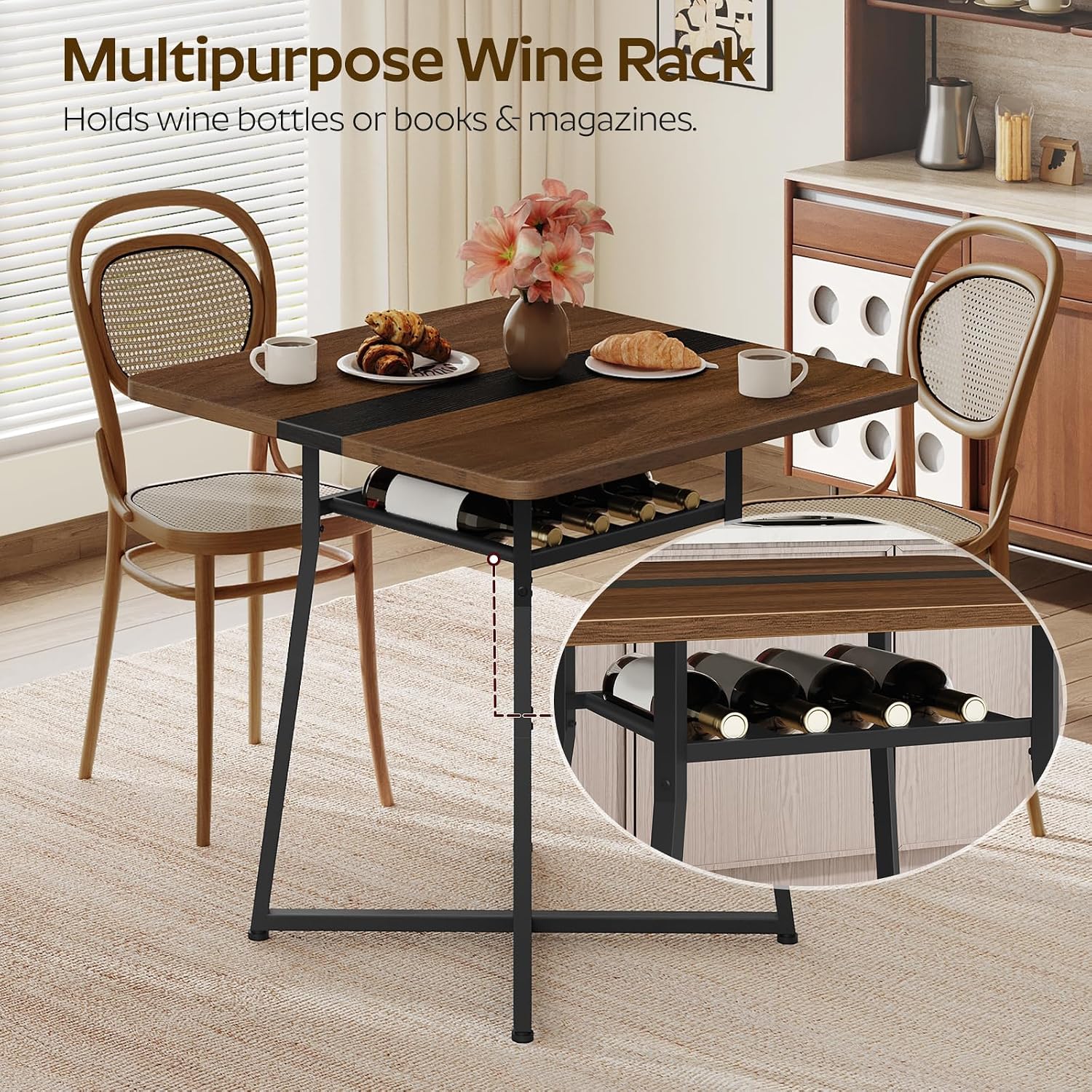 YATINEY Dining Table, 29.5'' Kitchen Table, Dining Room Table with Wine Rack, Versatile Small Dining Table, Easy Assembly, for Restaurant, Cafe, Apartment, Black and Walnut CZ02BH