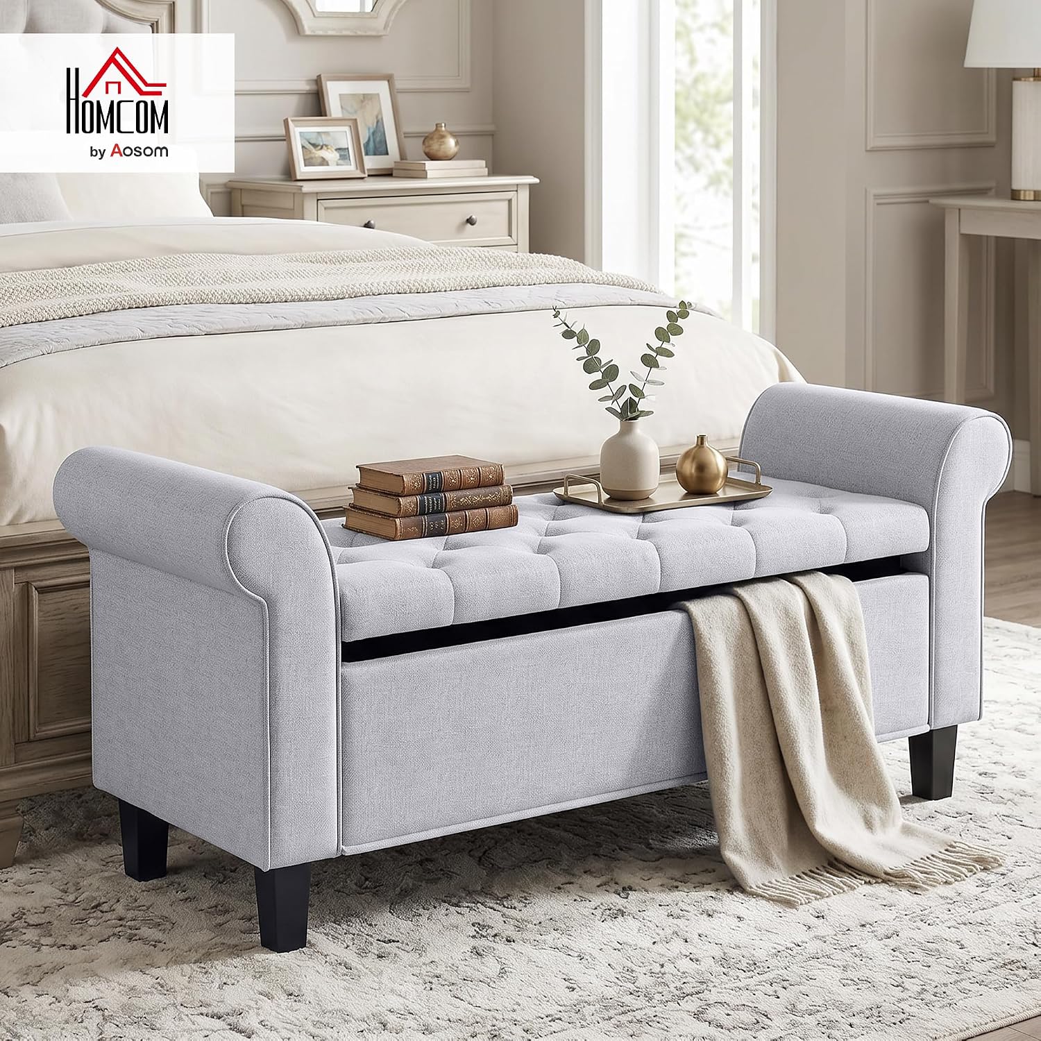 HOMCOM 47" Storage Ottoman Bench, Tufted Long Ottoman with Storage Chest, Rolled Arms, Safety Hinge, Wooden Legs, Upholstered End of Bed Bench, 528 lbs for Bedroom, Entryway, Living Room, Light Gray