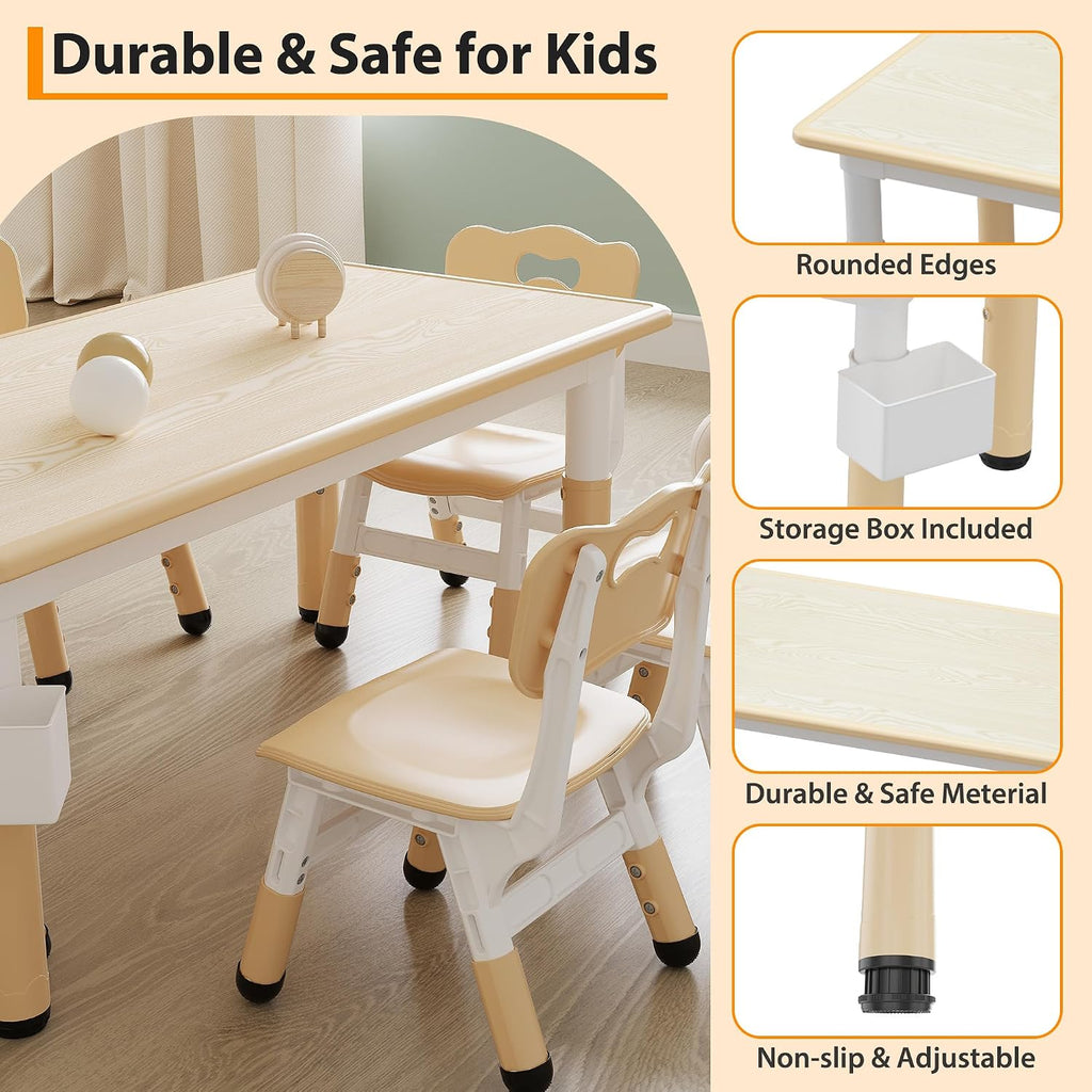 Toddler Table and Chair Set, Height Adjustable Kids Table and 6Chairs, Toddler Activity Table with Storage Boxes,Wipeable Graffiti Wood Grain Desktop,12Water Pens Included for Classroom, Natural Wood