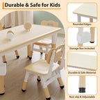 Toddler Table and Chair Set, Height Adjustable Kids Table and 6Chairs, Toddler Activity Table with Storage Boxes,Wipeable Graffiti Wood Grain Desktop,12Water Pens Included for Classroom, Natural Wood