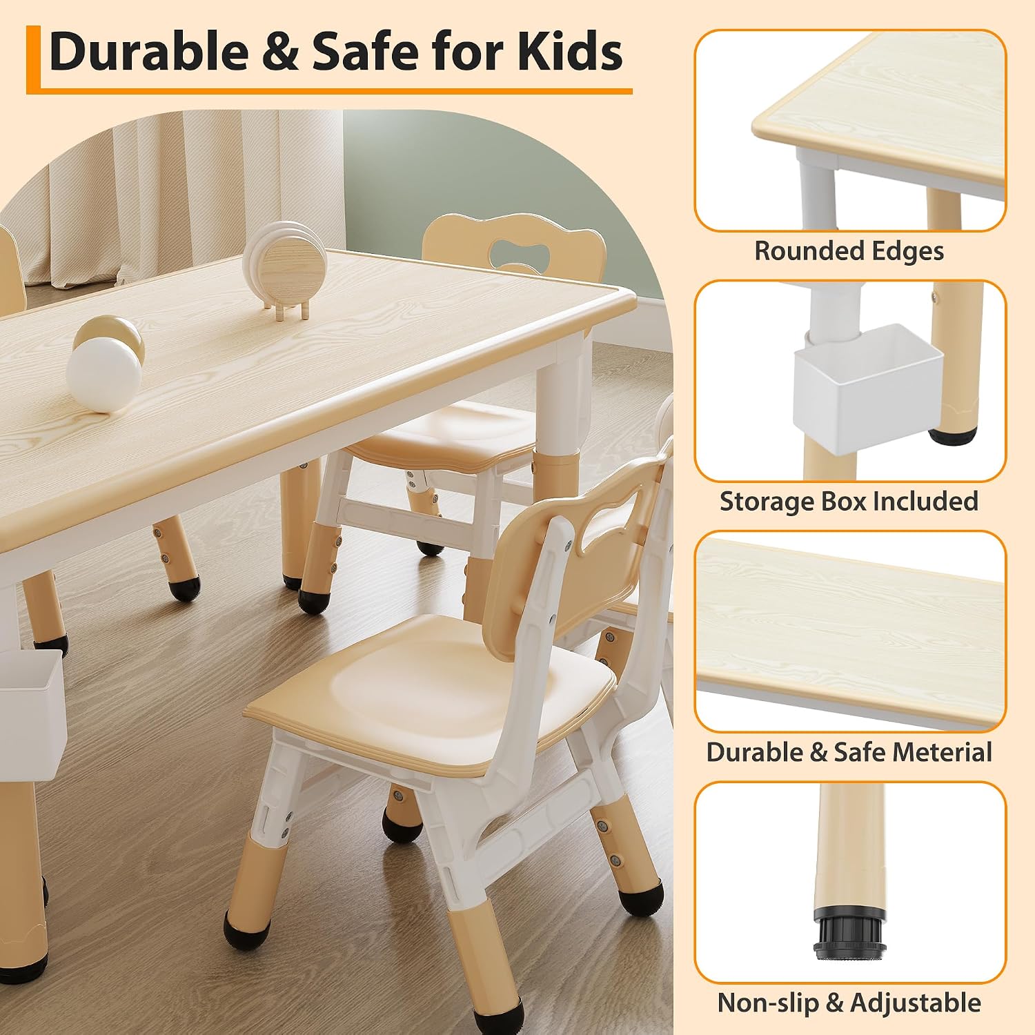 Toddler Table and Chair Set, Height Adjustable Kids Table and 6Chairs, Toddler Activity Table with Storage Boxes,Wipeable Graffiti Wood Grain Desktop,12Water Pens Included for Classroom, Natural Wood