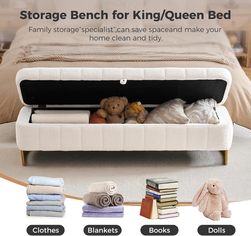 63" Storage Ottoman Bench, End of Bed Ottoman with Storage, Large Ottomans for Foot of Bed with Gold Legs and Removable Pillows for Entryway, Living Room, Teddy Cream White
