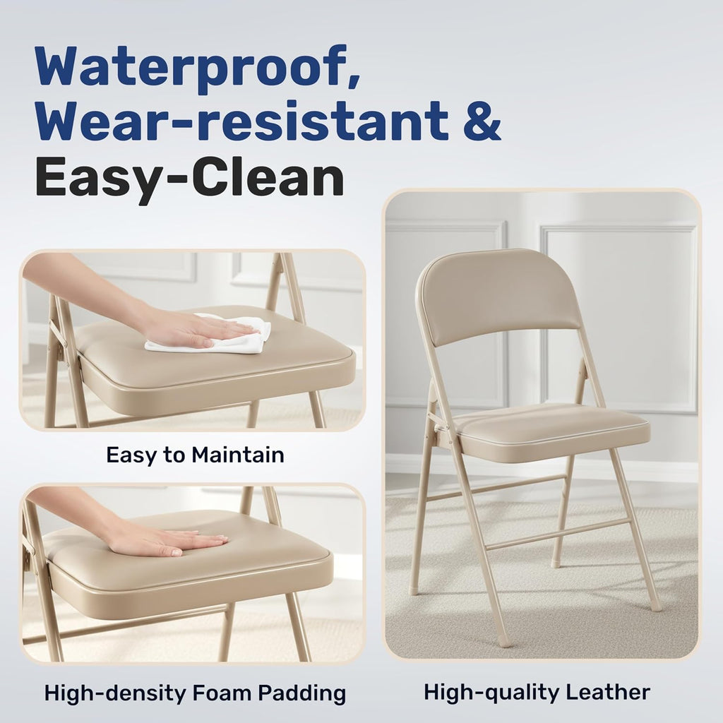 Simple Deluxe Dining Chairs Set of 4, Leather Cushion Foldable Contemporary Kitchen Side Chair with Padded Back & Sturdy Metal Legs, Upholstered Seat for Home/Living Room/Bedroom/Cafe, Tan