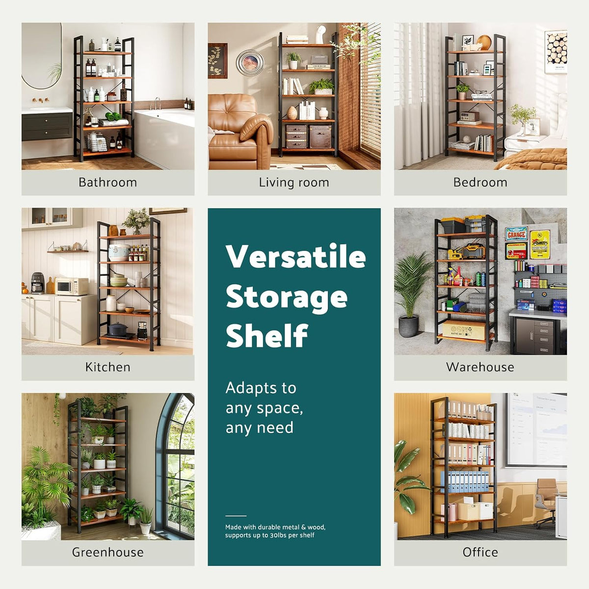 NEWBULIG Book Shelf 5 Tier Modern Bookcase Sturdy Metal Storage Organizer Books/CDs/Magazines Industrial Open Display Shelf for Bedroom Home Office Kitchen Living Room, Rustic