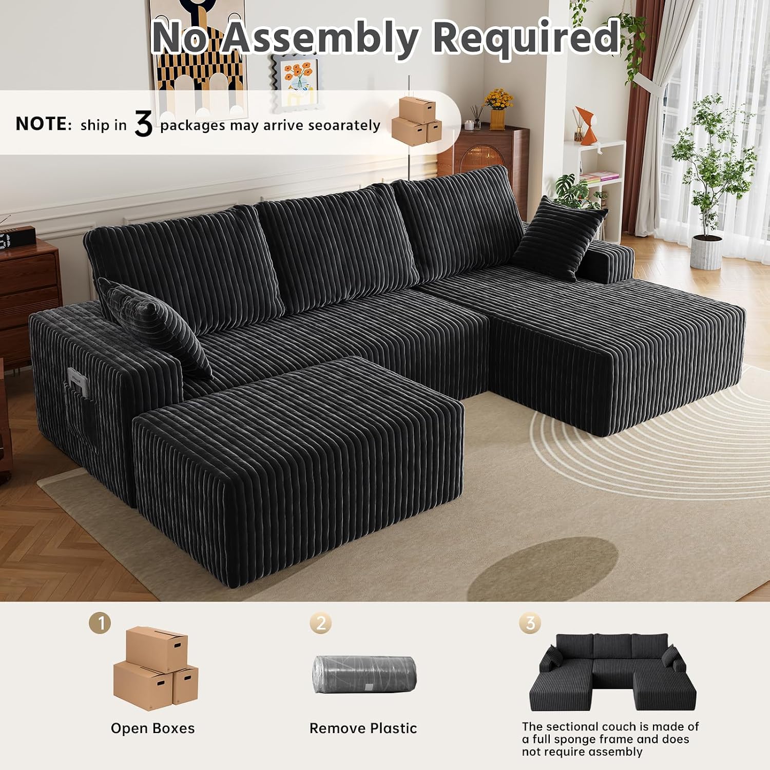 108" U-Shape Modular Sectional Cloud Couch with Ottoman, Deep Seat Couch with Oversized Chaise Lounge, Comfy Flannel Fabric Sofa for Living Room Bedroom Apartment Game Room Basement