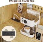 FUXA Modern Farmhouse Kitchen Pantry Cabinet with Charging Station, 71" Tall Storage Cabinet with LED Light, Microwave Stand and Drawers, Buffet Hutch for Living Room, Dining Room, Natural Wood