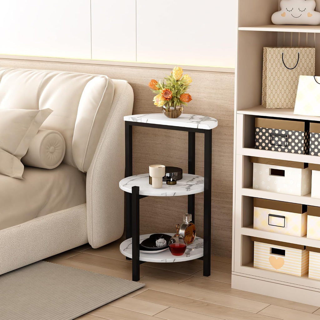 White and Black End Tables Set of 2, Round Marble Nightstand Set of 2 for Bedroom 3-Tier Marble Side Table Small Coffe Table with Metal Legs,Modern Sofa Table Accent Table for Living Room