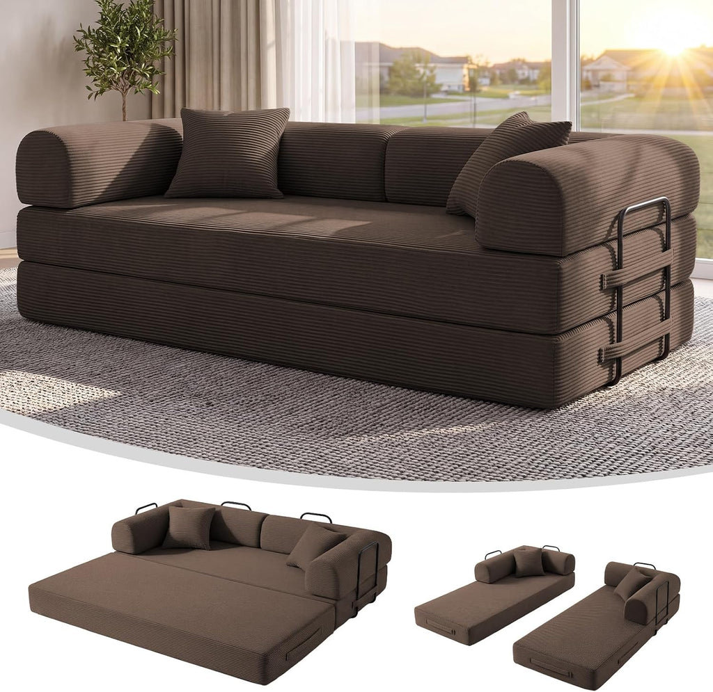 79" Convertible Futon Sofa Bed,6-in-1 Couches for Living Room | Corduroy Loveseat Sleeper Sofa, Modular Pull Out Couch with Pillows,Futon Sofa No Assembly, Brown