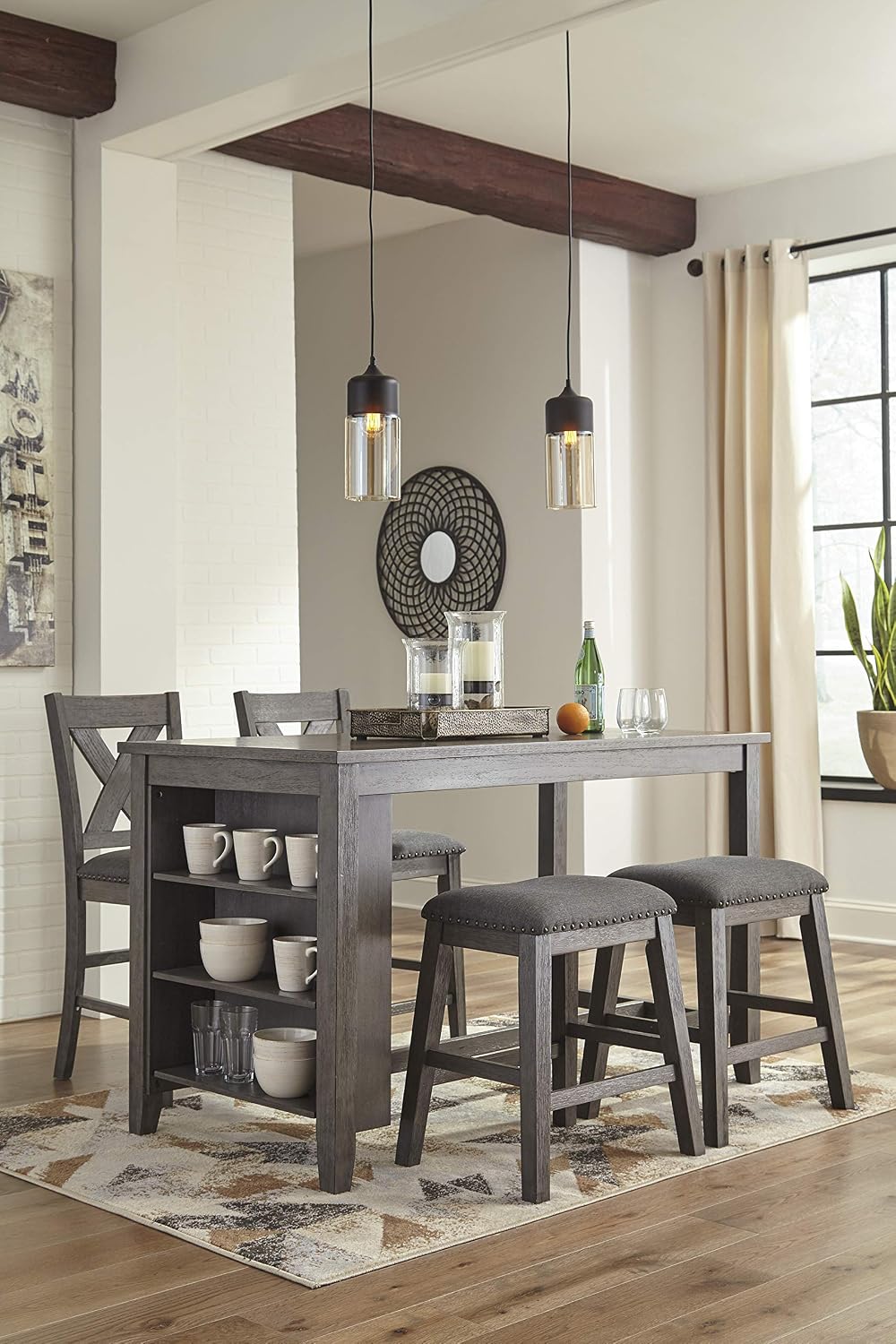 Signature Design by Ashley Caitbrook Counter Height Dining Table, Gray | Built-in side storage shelves, Veneers, wood and engineered wood construction, Kitchen island with seating