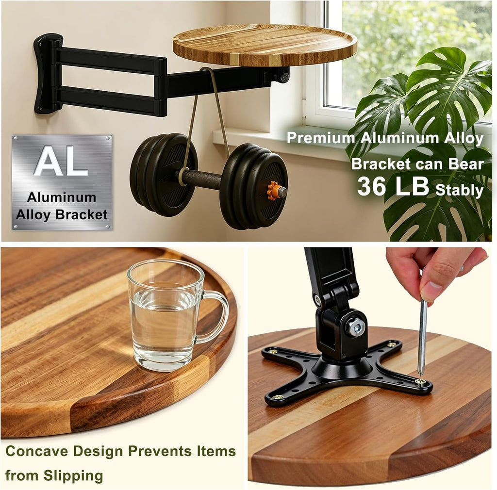 Wall Mounted Folding Table,11" Acacia Bedside Shelf Wall Mount Floating Wall Desk with 36 LBS Capacity for Small Spaces,Round Wood Tabletop with 720° Rotatable Aluminum Alloy Brackets
