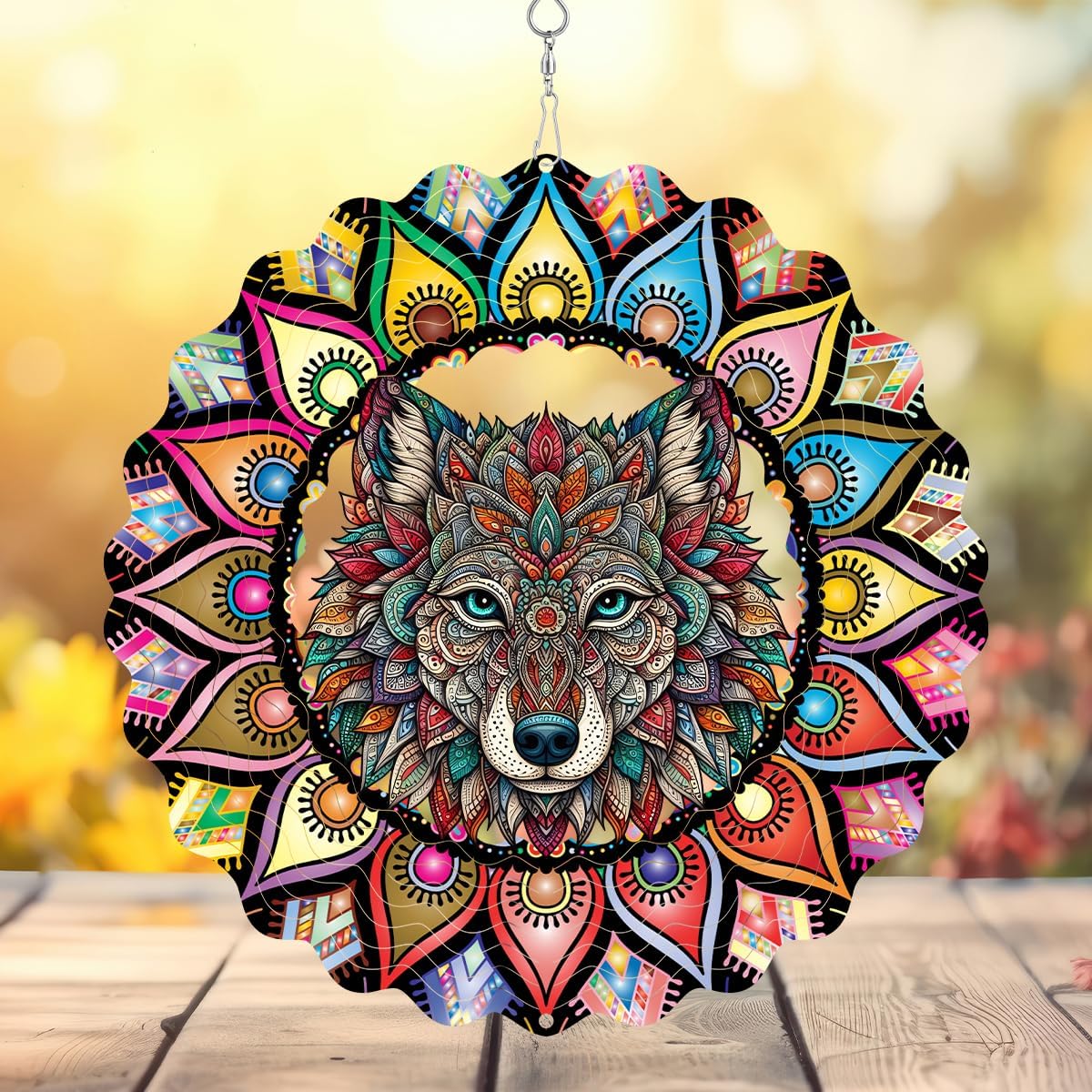 Hanging Wolf Wind Spinner for Outdoor Indoor 3D Stainless Steel Wind Sculptures 10 Inch Cool Animal Metal Wind Spinner for Yard Garden Living Room Zoo Great Gift for Women Friend