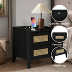 ELISA HOME Rattan-Inspired 2 Drawer Nightstand with Charging Station, Bedside Table with Drawers, Night Stand for Bedroom, End Table or Side Table for Living Room, 15.5" D x 18.9" W x 21.7" H, Black