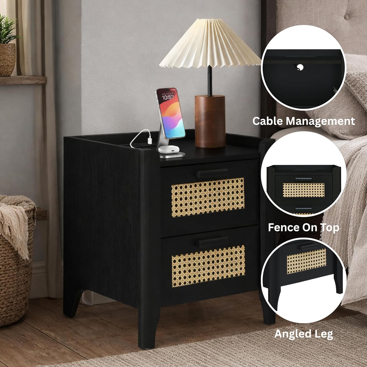 ELISA HOME Rattan-Inspired 2 Drawer Nightstand with Charging Station, Bedside Table with Drawers, Night Stand for Bedroom, End Table or Side Table for Living Room, 15.5" D x 18.9" W x 21.7" H, Black