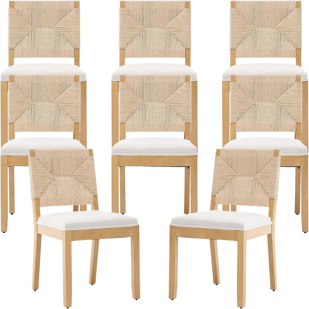 French Country Dining Chairs Set of 8, Beige Farmhouse Wood Dining Room Chairs, Woven Back Linen Upholstered Dining Chair, Solid Wood Legs, Boho Style Kitchen Chairs, Sillas de Comedor