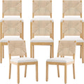 French Country Dining Chairs Set of 8, Beige Farmhouse Wood Dining Room Chairs, Woven Back Linen Upholstered Dining Chair, Solid Wood Legs, Boho Style Kitchen Chairs, Sillas de Comedor