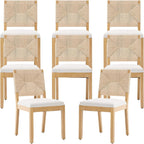 French Country Dining Chairs Set of 8, Beige Farmhouse Wood Dining Room Chairs, Woven Back Linen Upholstered Dining Chair, Solid Wood Legs, Boho Style Kitchen Chairs, Sillas de Comedor