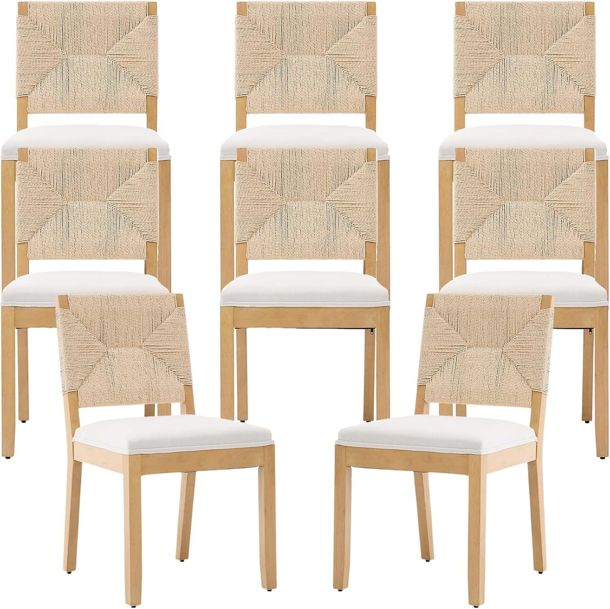 French Country Dining Chairs Set of 8, Beige Farmhouse Wood Dining Room Chairs, Woven Back Linen Upholstered Dining Chair, Solid Wood Legs, Boho Style Kitchen Chairs, Sillas de Comedor
