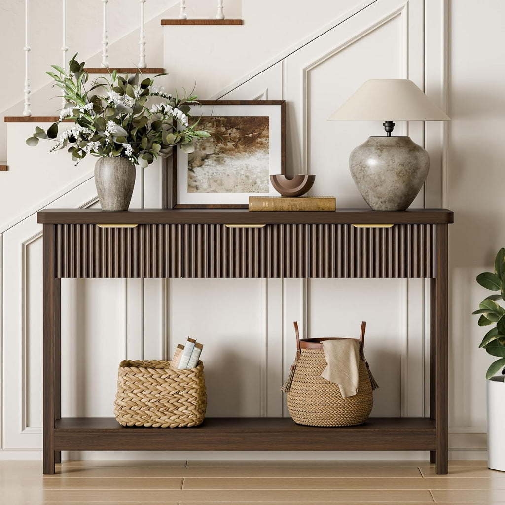 Lulive Fluted Console Table, 51 Inch Entryway Table with 3 Drawers | Scandi farmhouse look with quiet full-extension slides, open lower shelf, profile for hallway, entry, foyer or behind sofa.