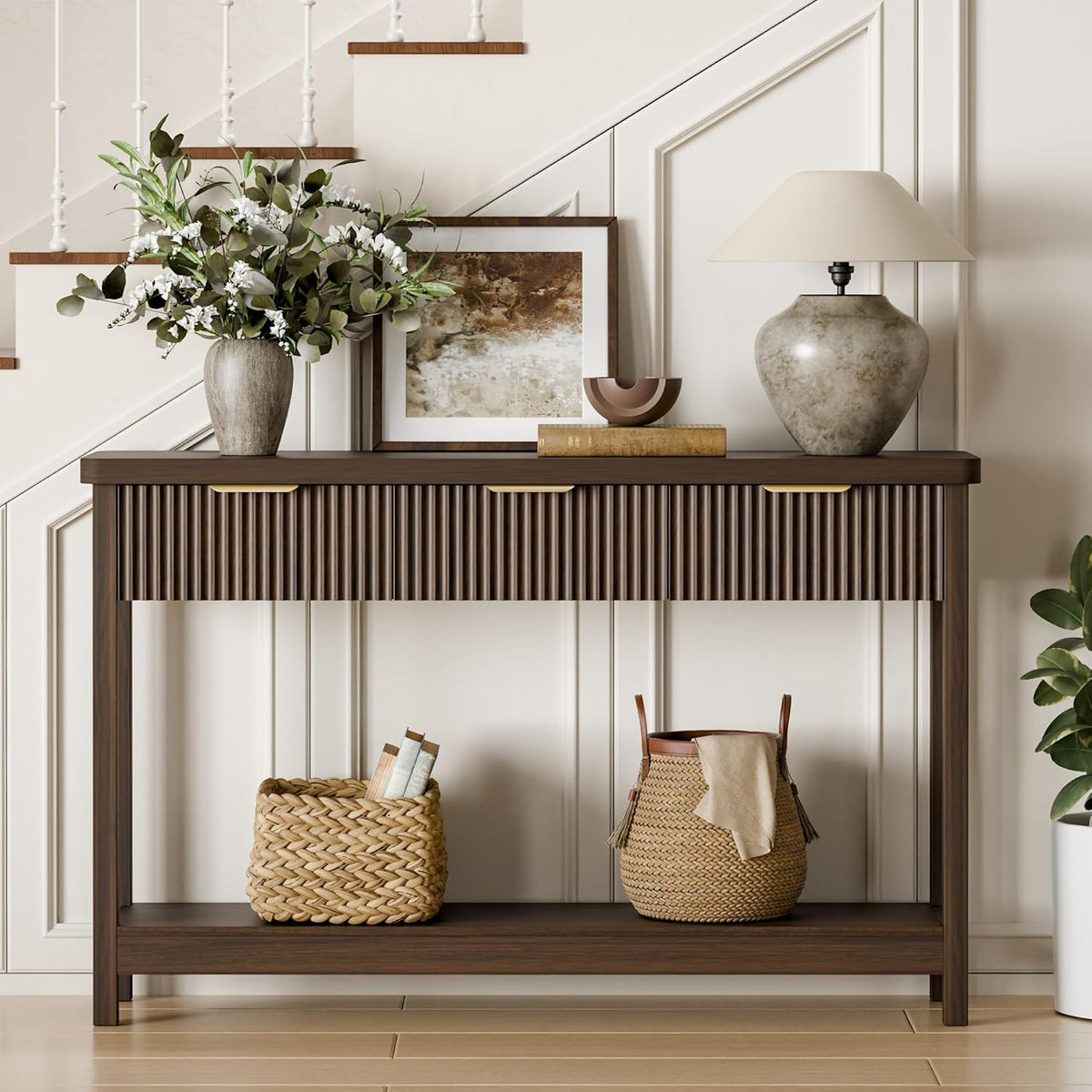 Lulive Fluted Console Table, 51 Inch Entryway Table with 3 Drawers | Scandi farmhouse look with quiet full-extension slides, open lower shelf, profile for hallway, entry, foyer or behind sofa.