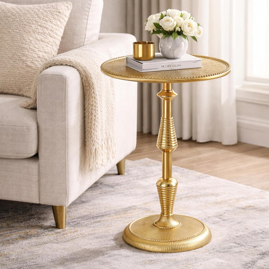 CLEENTABLE Modern Round Gold End Table - 15" Width x 21" Height Metal Side Table for Living Room, Bedroom & Small Spaces - Luxury Gold Finish Accent Table