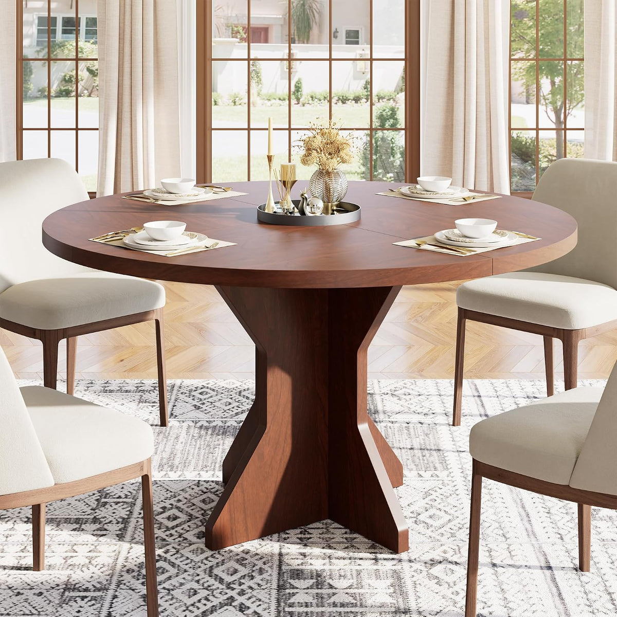Garvee Round Dining Table for 4-6 People - 47" Circle Kitchen Dinner Table with Sturdy Pedestal Base, Small Spaces Dinning Room Furniture for Living Room, Kitchen, Apartment, Walnut