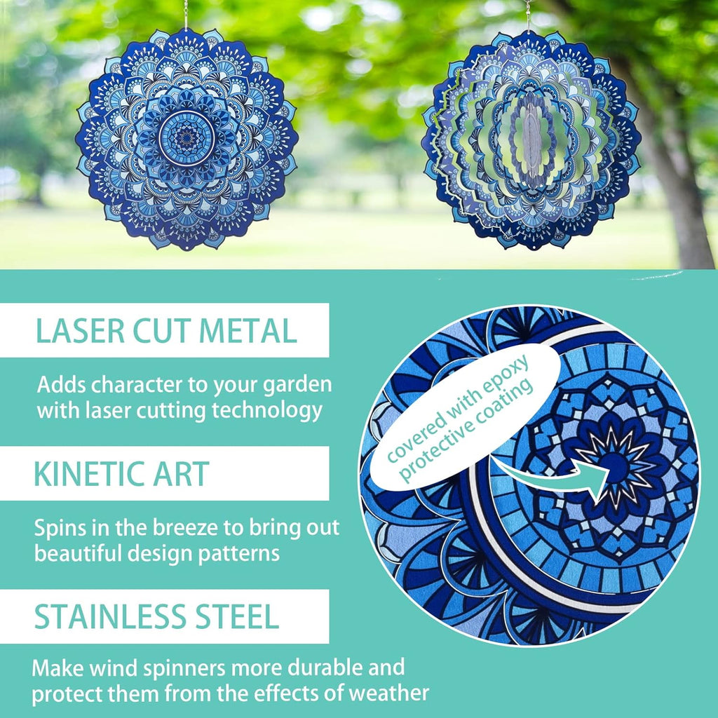 Wind Spinner Yard Art Garden Decor 3D Stainless Steel Metal Sculptures Kinetic Hanging Whirligigs Blue Mandala Decorations Backyard Outside Indoor Outdoor Patio Ornaments Clearance Windmill