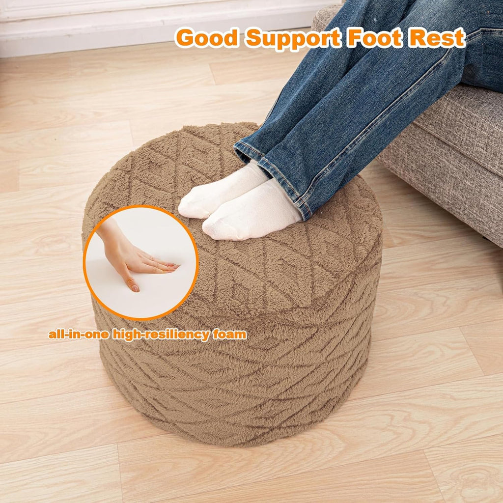 Fluffy Round Ottoman Pouf with All-in-One Foam Filling 20" x 14" Furry Ottoman Foot Rest Foot Stool for Living Room or Bedroom (Light Coffee)