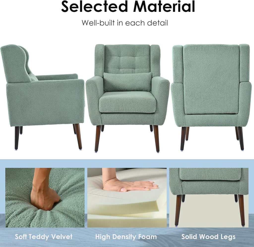 Accent Chair, Comfy Upholstered Living Room Chairs with High Tufted Backrest and Pillow, Wingback Reading Chair with Solid Wood Legs for Bedroom/Office,Teddy Fabric, Light Green