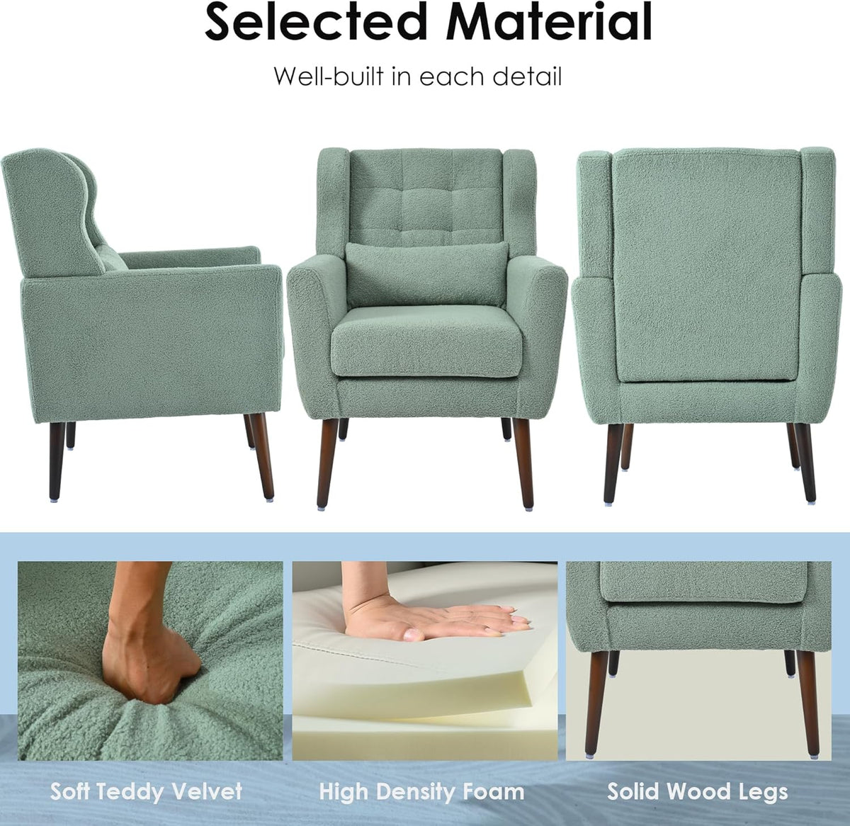 Accent Chair, Comfy Upholstered Living Room Chairs with High Tufted Backrest and Pillow, Wingback Reading Chair with Solid Wood Legs for Bedroom/Office,Teddy Fabric, Light Green