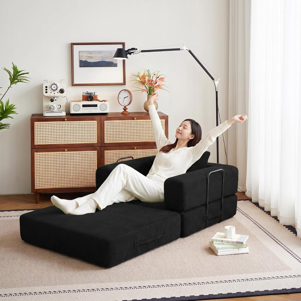 37.4in Convertible Sofa Bed, Corduroy Couch Bed, Futon Sleeper Sofa Pull Out Bed, Foldable Couch for Living Room Apartment, No Assembly Required