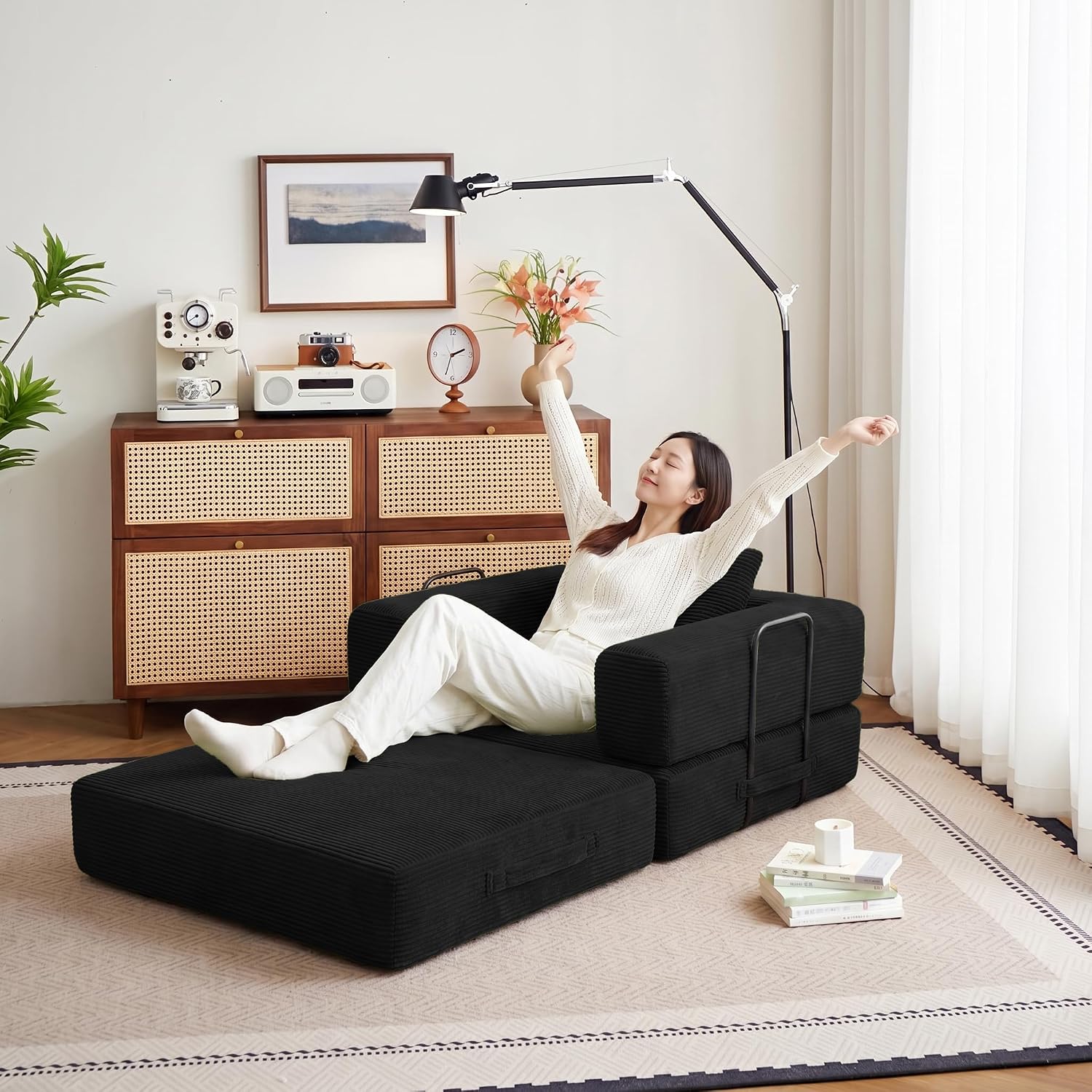 37.4in Convertible Sofa Bed, Corduroy Couch Bed, Futon Sleeper Sofa Pull Out Bed, Foldable Couch for Living Room Apartment, No Assembly Required
