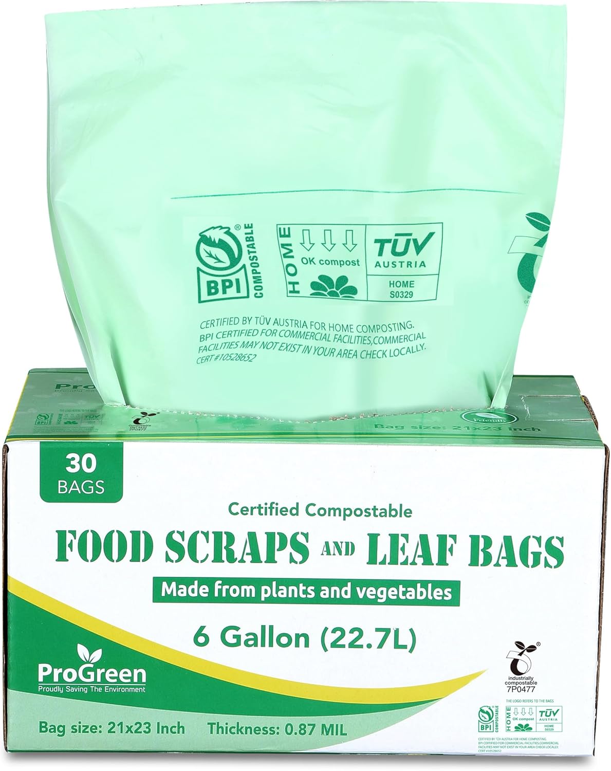 ProGreen Compostable Trash Bags, Extra Thick, Compost Kitchen Bin Bags, Food Scraps Yard Waste Bags, ASTM D6400 BPI and TÜV AUSTRIA Certified (6 Gallon, Pack of 30)